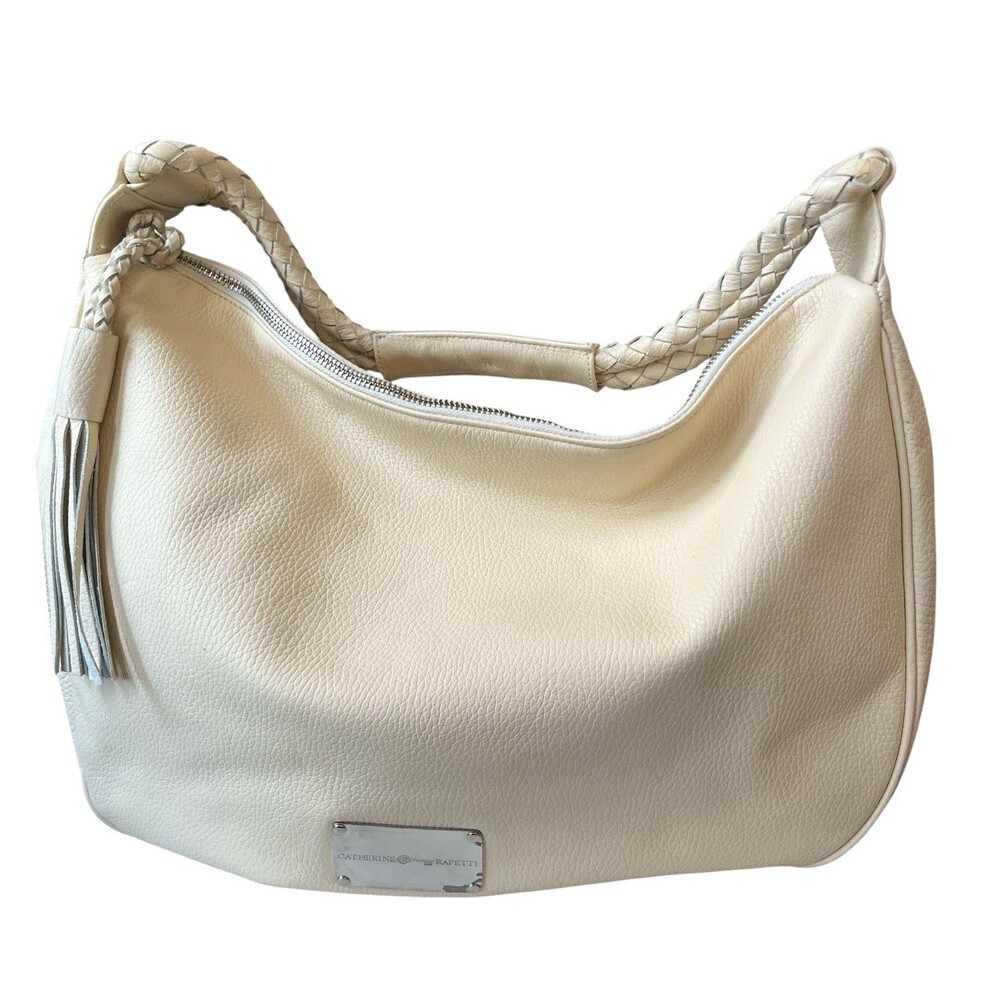 Catherine Rapetti Leather Handbag Shoulder Bag Cream Woven Handle 17 x 13 x 3"